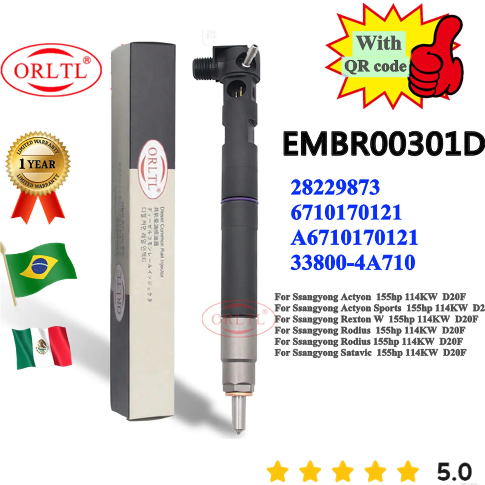 ORLTL Diesel Fuel Injector EMBR00301D A6710170121 33800-4A710 For Delphi Ssangyong Actyon Rexton Korando 2.0 R00301D 6710170121
ORLTL Diesel Fuel Injector EMBR00301D A6710170121 33800-4A710 For Delphi Ssangyong Actyon Rexton Korando 2.0 R00301D 6710170121
