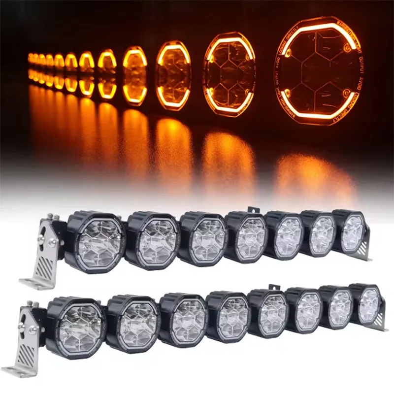 Car modified front bar roof row spotlight with yellow ambient light
Car modified front bar roof row spotlight with yellow ambient light