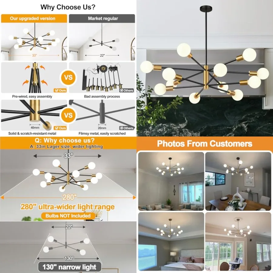 33" Modern Chandelier Ceiling Light Fixture, Sputnik Cheliers Mid Century Chelier Over Table, Height Adjustable Chandeliers for
33" Modern Chandelier Ceiling Light Fixture, Sputnik Cheliers Mid Century Chelier Over Table, Height Adjustable Chandeliers for