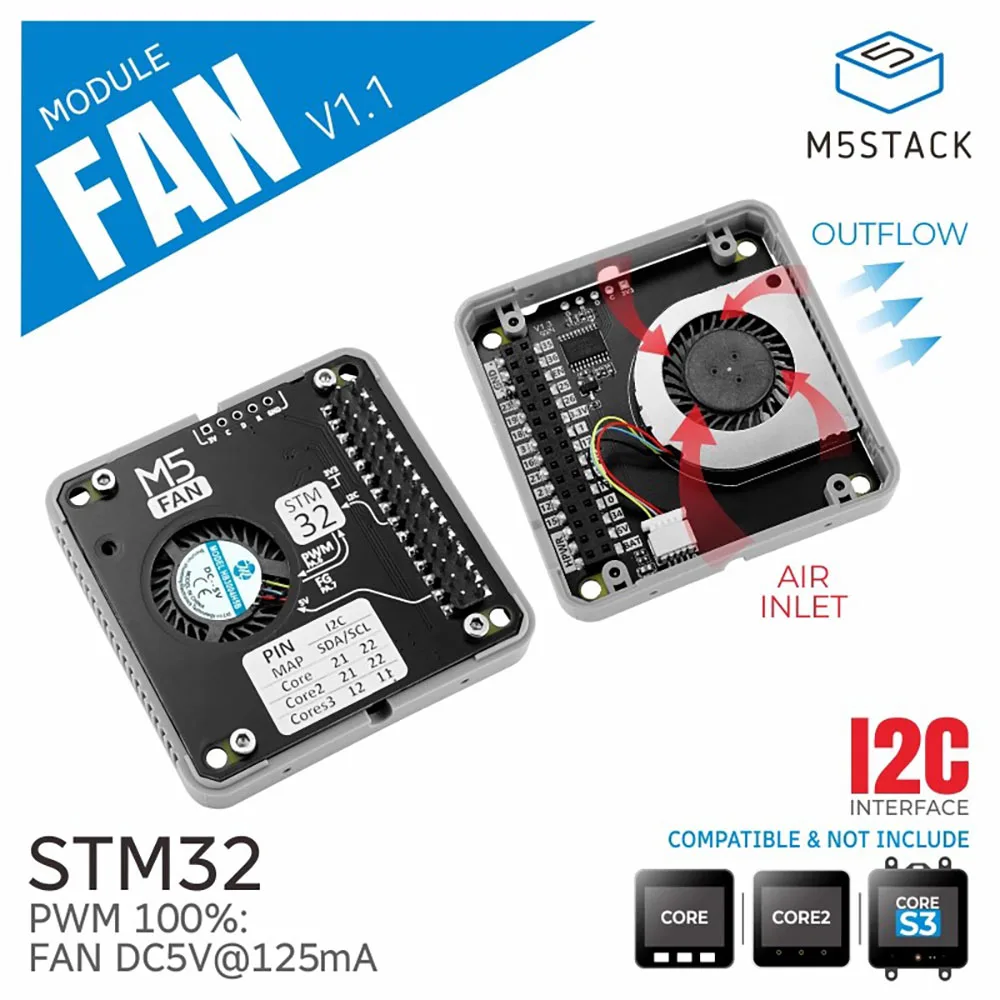 Модуль M5Stack Fan v1.1 Штабелируемый модуль охлаждения с воздушным охлаждением STM32 Связь I2C
Модуль M5Stack Fan v1.1 Штабелируемый модуль охлаждения с воздушным охлаждением STM32 Связь I2C