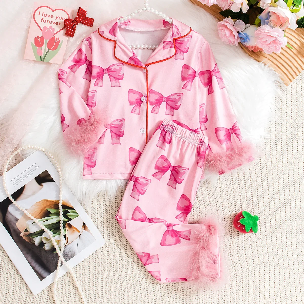 Children's Spring Soft Comfortable Pajamas Set Girls Cute Bowknot Print Long Sleeve Lapel Sleepwear Baby Casual Loose Loungewear
Children's Spring Soft Comfortable Pajamas Set Girls Cute Bowknot Print Long Sleeve Lapel Sleepwear Baby Casual Loose Loungewear
