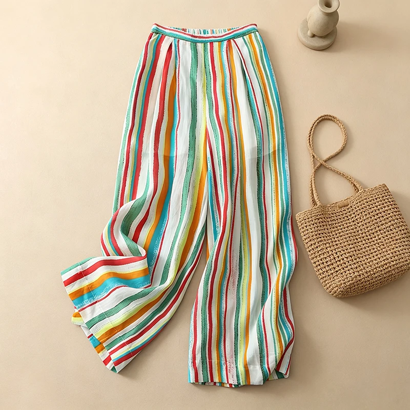 Summer Thin Cool Wide Leg Pants Women's Casual Straight Rainbow Stripes Cotton Lightweight Comfortable mid High Waist Trousers
Summer Thin Cool Wide Leg Pants Women's Casual Straight Rainbow Stripes Cotton Lightweight Comfortable mid High Waist Trousers