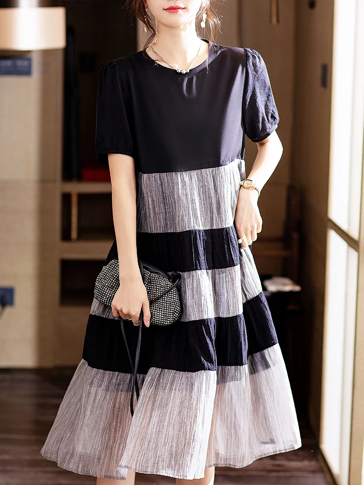 Women's dress summer temperament spliced loose round neck mid-length style
Women's dress summer temperament spliced loose round neck mid-length style