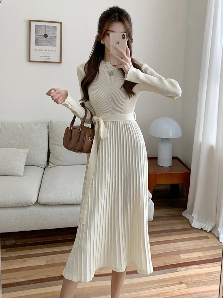 Elegant Basic Knitted Midi Stretchy Dress Women Sweater Clothes Casual Long Sleeve Belt Pleated Robe Office Lady Street Vestidos
Elegant Basic Knitted Midi Stretchy Dress Women Sweater Clothes Casual Long Sleeve Belt Pleated Robe Office Lady Street Vestidos