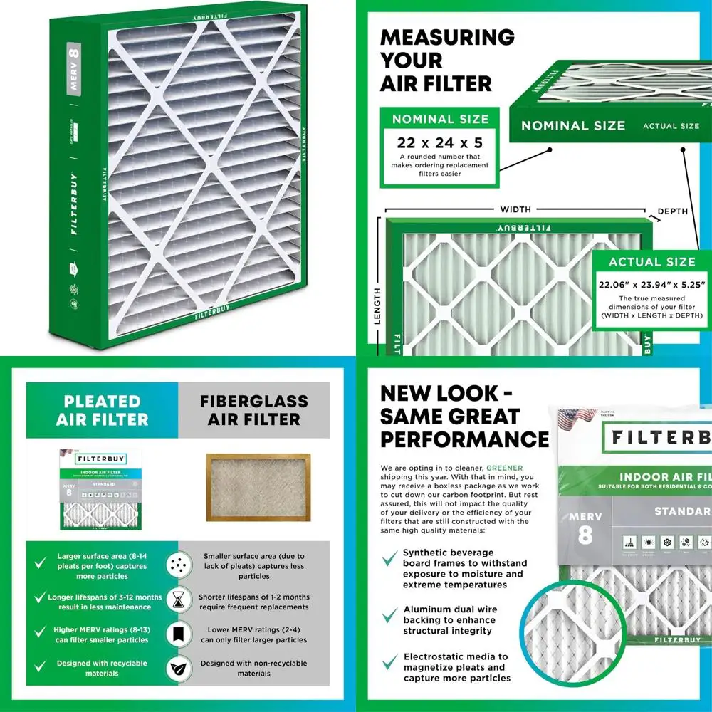 MERV 8 Pleated Air Filter 2-Pack, 22x24x5, Dust & Allergy Reduction for HVAC Systems
MERV 8 Pleated Air Filter 2-Pack, 22x24x5, Dust & Allergy Reduction for HVAC Systems
