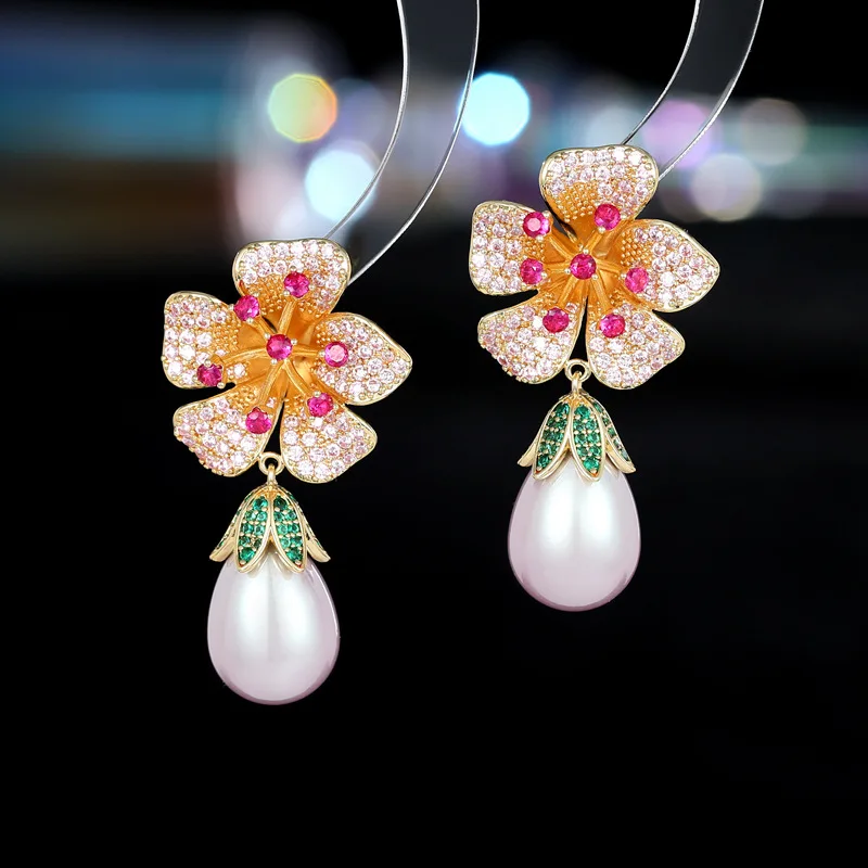 sweet flower earrings blue pink zirconia shiny white pearl pendant earrings for women cute jewelry
sweet flower earrings blue pink zirconia shiny white pearl pendant earrings for women cute jewelry