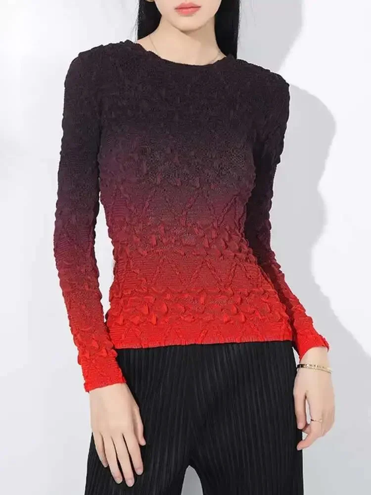 Pleated T-shirt Gradient For Women Round Neck Long Sleeves Slim Thin Style Female Chic Top 2025 Spring New 25ZOL
Pleated T-shirt Gradient For Women Round Neck Long Sleeves Slim Thin Style Female Chic Top 2025 Spring New 25ZOL
