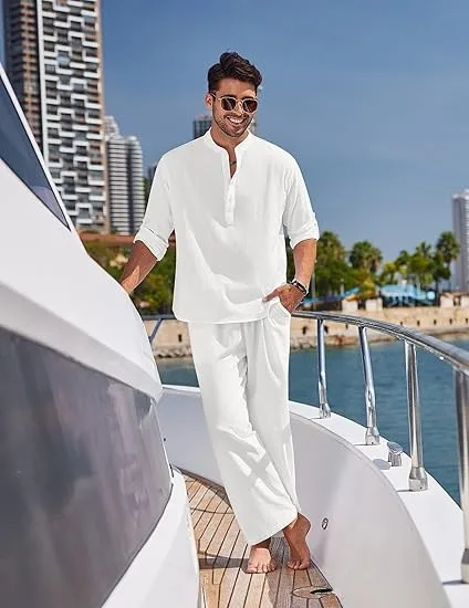 Male Pure Color Linen Cotton Henley Two Piece Set Casual Long Sleeve Shirts Soft Comfortable Straight Pants Men Daily Home Outfi
Male Pure Color Linen Cotton Henley Two Piece Set Casual Long Sleeve Shirts Soft Comfortable Straight Pants Men Daily Home Outfi