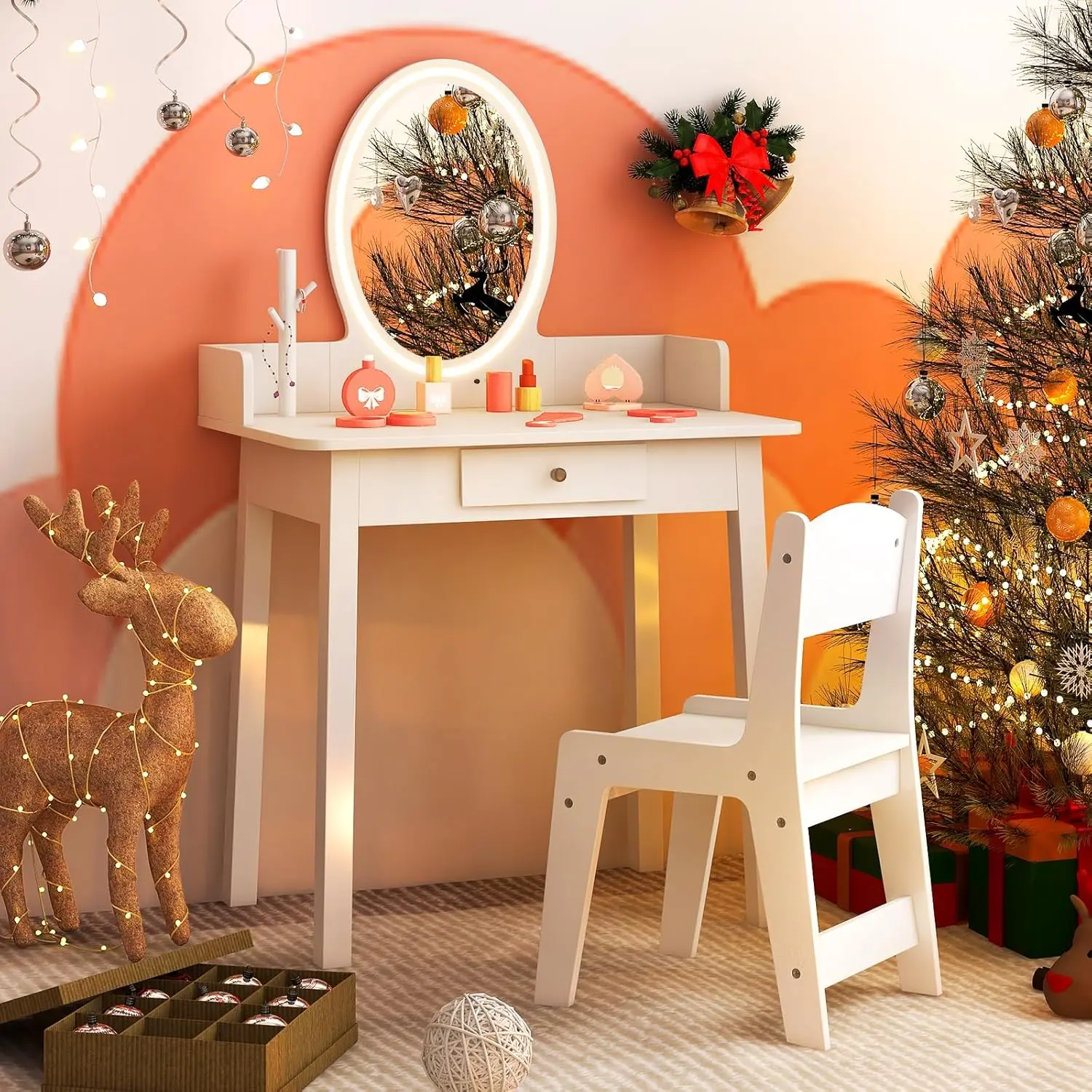 Kids Wooden Vanity Set with Mirror Stool Lights Drawer Jewelry Rack 2in1 Makeup Desk Dressing Table White Customized
Kids Wooden Vanity Set with Mirror Stool Lights Drawer Jewelry Rack 2in1 Makeup Desk Dressing Table White Customized