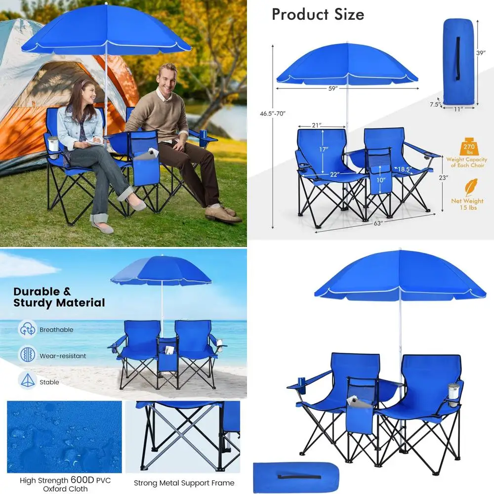 Compact 2-Person Folding Camp Chairs with Umbrella, Cooler Bag, and Beverage Holders - Ideal for Outdoors, Fishing, Picnics, and
Compact 2-Person Folding Camp Chairs with Umbrella, Cooler Bag, and Beverage Holders - Ideal for Outdoors, Fishing, Picnics, and
