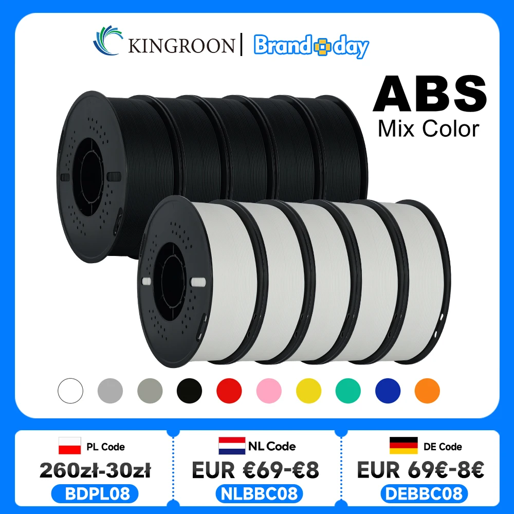 KINGROON 5KG(11LBS) ABS Filament 1.75mm High Strength Toughness 3D Printer Material Black White Multicolor ABS 1kg*5 Roll
KINGROON 5KG(11LBS) ABS Filament 1.75mm High Strength Toughness 3D Printer Material Black White Multicolor ABS 1kg*5 Roll