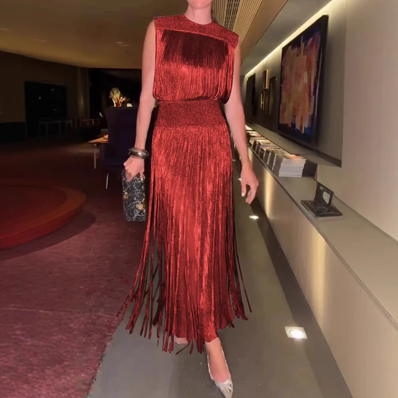 Fashion O-neck Sleeveless Slim Long Dress 2024 Women Casual High Waist Solid Party Dress Elegant Tassel Spclicing Evening Dress
Fashion O-neck Sleeveless Slim Long Dress 2024 Women Casual High Waist Solid Party Dress Elegant Tassel Spclicing Evening Dress