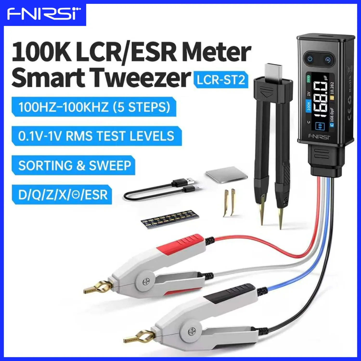 FNIRSI LCR-ST2 Portable LCR Testing Tweezers LCR ESR SMD 100Hz-100kHz Fine Measurement Kelvin Clip Electronic Component Tester
FNIRSI LCR-ST2 Portable LCR Testing Tweezers LCR ESR SMD 100Hz-100kHz Fine Measurement Kelvin Clip Electronic Component Tester