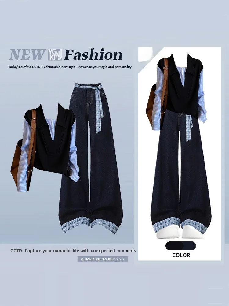 Fashionable Long Sleeve Shirt Color Block Denim Blue Stripes Two Piece Set Women's Top High Waist Trousers Summer Outfit
Fashionable Long Sleeve Shirt Color Block Denim Blue Stripes Two Piece Set Women's Top High Waist Trousers Summer Outfit