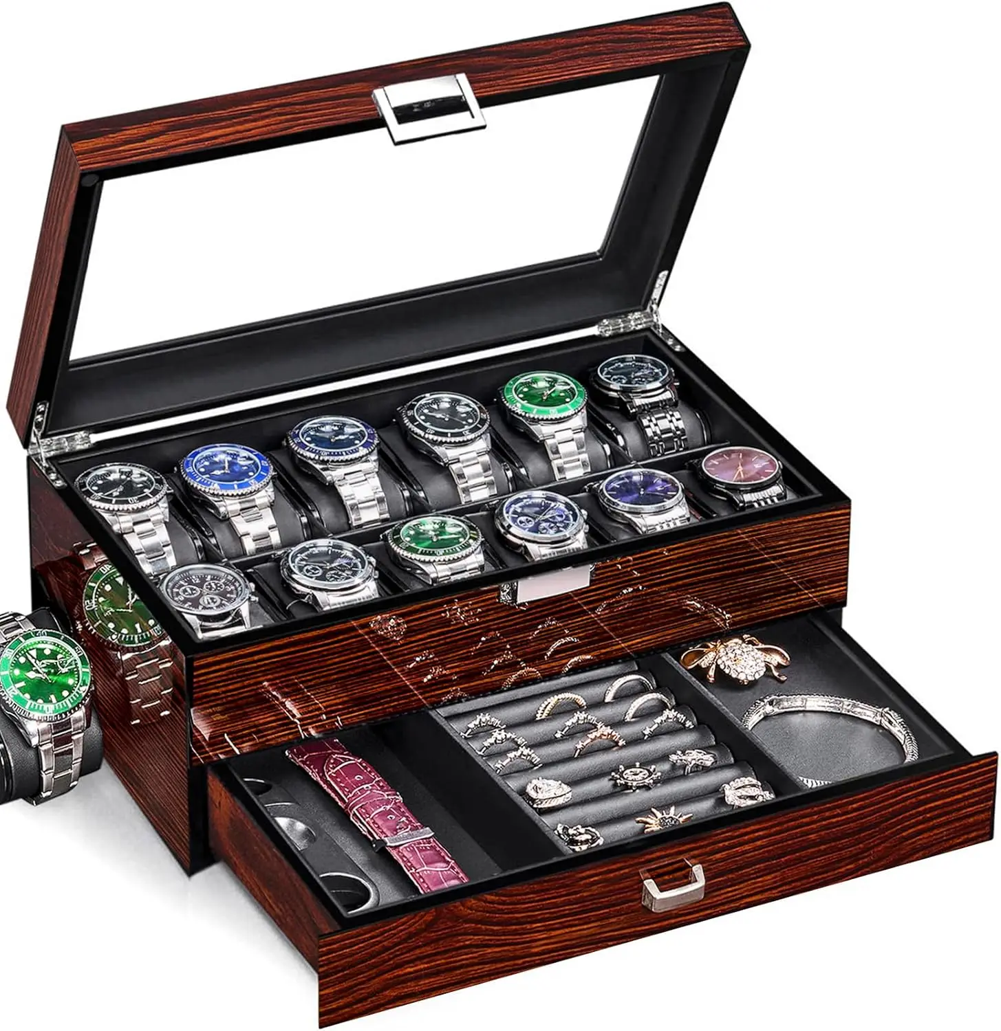 12-Slot Wooden Watch Box with Glass Lid, 2-Layer Storage for Men's Watches & Jewelry Organizer
12-Slot Wooden Watch Box with Glass Lid, 2-Layer Storage for Men's Watches & Jewelry Organizer