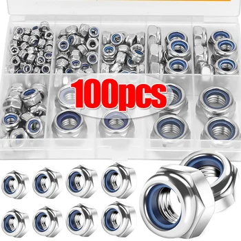 100pcs Hex Nuts Assortment Kit M3 M4 M5 M6 M8 M10 Stainless Steel Assorted Metric Insert Lock Hex Nut Set Household Fasteners