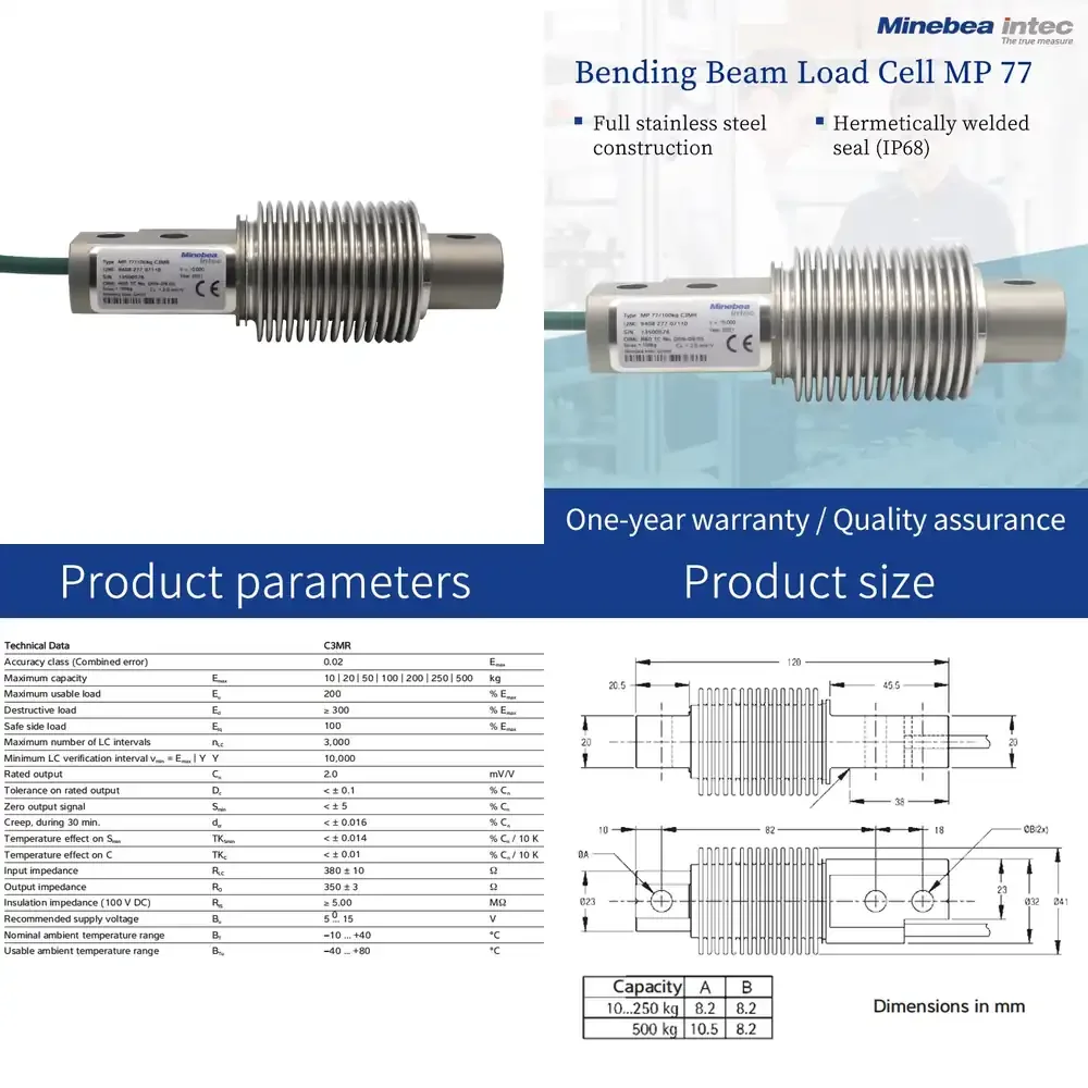 Minebea Intec Bending Beam Load Cell MP77 10kg/20kg/50kg/100kg/200kg/250kg/500kg C3MRE Stainless Steel
Minebea Intec Bending Beam Load Cell MP77 10kg/20kg/50kg/100kg/200kg/250kg/500kg C3MRE Stainless Steel