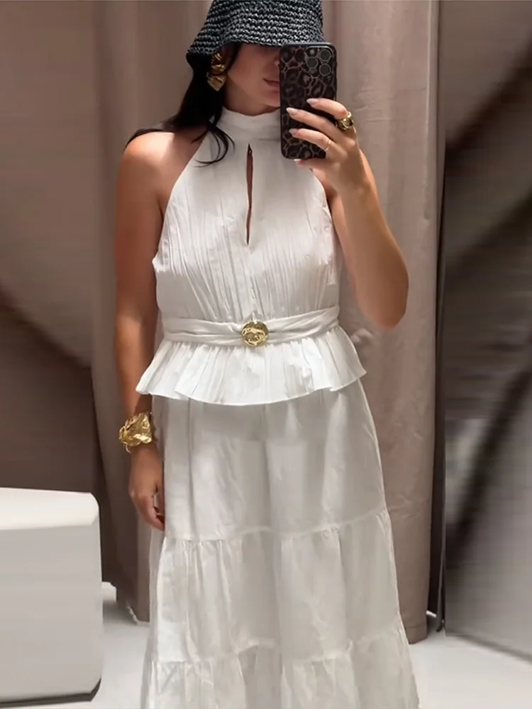 Elegant Solid Skirt Set for Women Chic Ruffled Sleeveless Halter Vest Pleated A line Long Dress Summer New Lady Beach 2 Pcs Suit
Elegant Solid Skirt Set for Women Chic Ruffled Sleeveless Halter Vest Pleated A line Long Dress Summer New Lady Beach 2 Pcs Suit