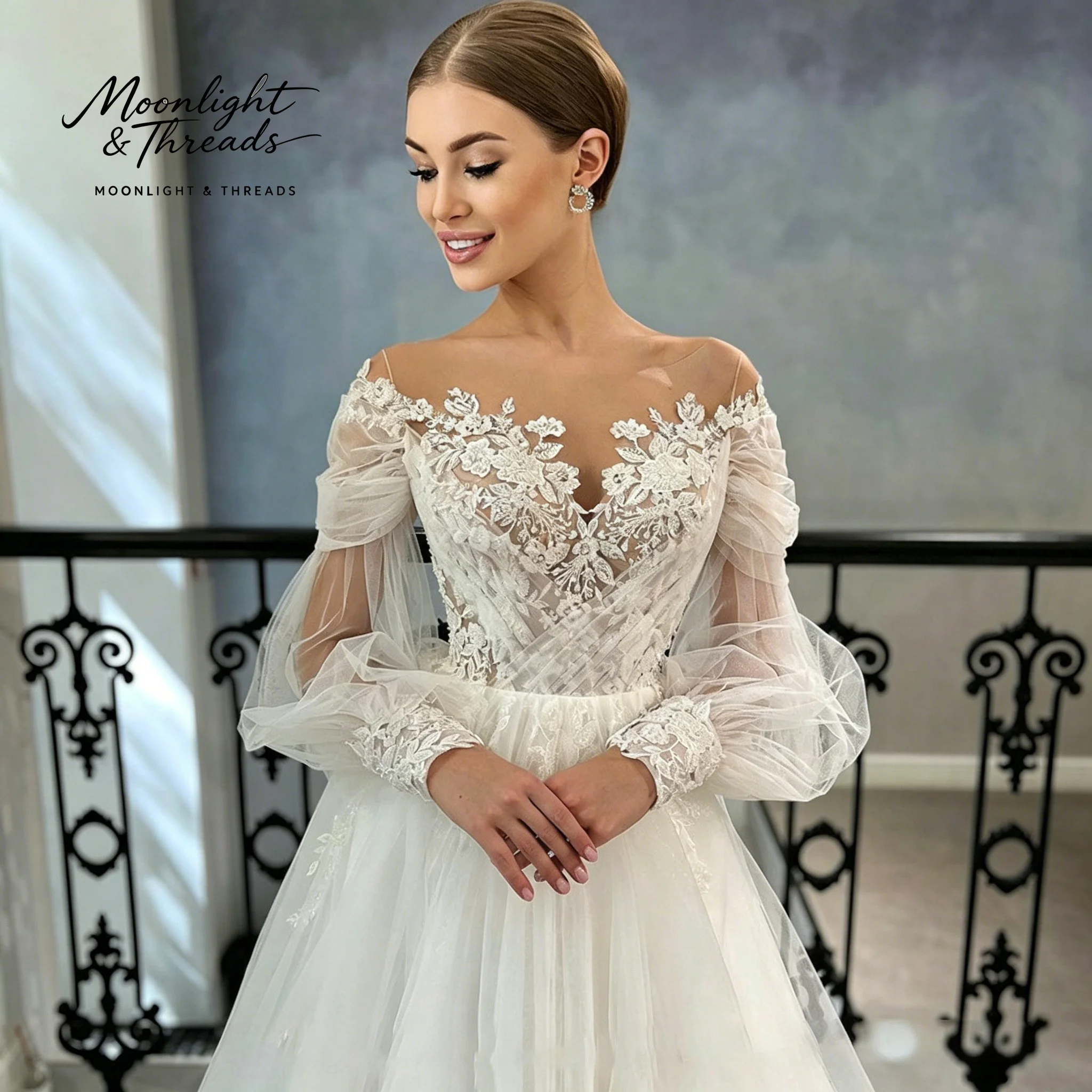 Floor-length formal wedding gown featuring a white embroidered tulle bodice long sleeves and exquisite embroidery
Floor-length formal wedding gown featuring a white embroidered tulle bodice long sleeves and exquisite embroidery