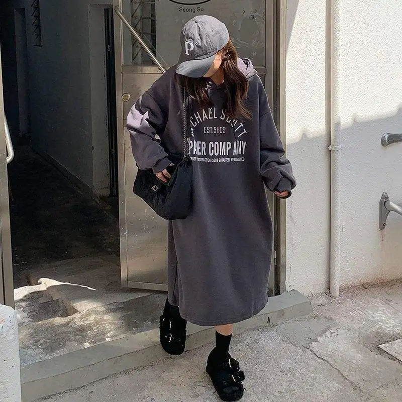 Korean Style Fleece Lined Thickened Double Layer Hooded Dress Loose Lazy Sweater Dress Women's Sweet Style Printed Casual Dress
Korean Style Fleece Lined Thickened Double Layer Hooded Dress Loose Lazy Sweater Dress Women's Sweet Style Printed Casual Dress