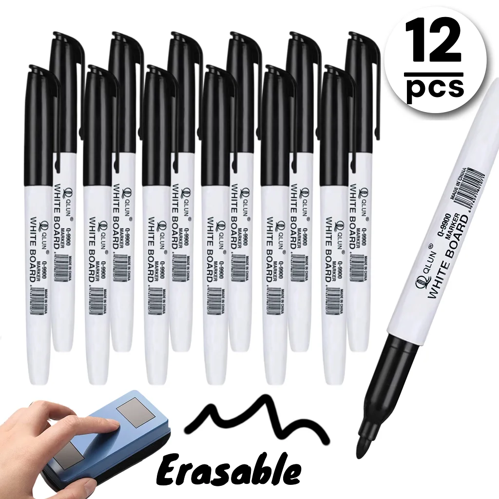 12pcs Black large-capacity erasable marker pen for whiteboard, with water-based ink.
12pcs Black large-capacity erasable marker pen for whiteboard, with water-based ink.