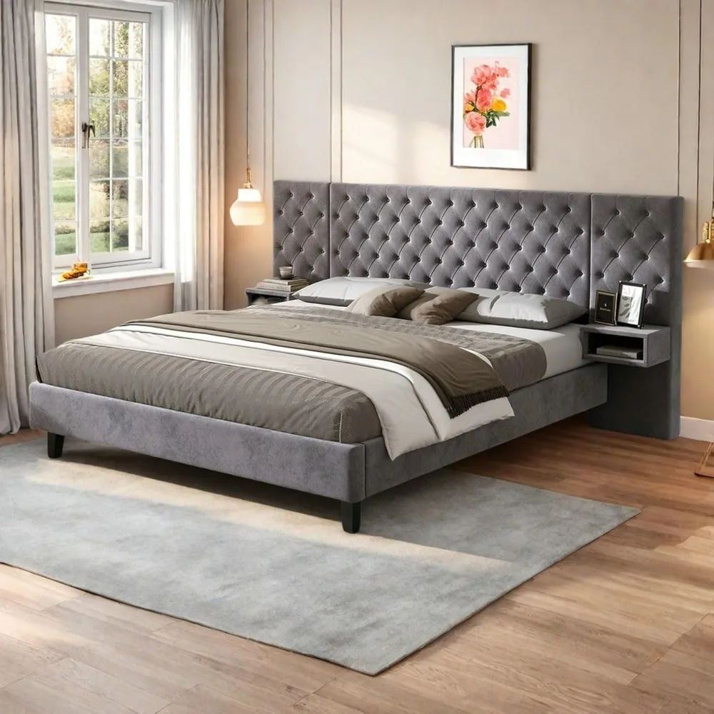 king size velvet upholstered platform bed with wide tufting headboard and 2 nightstands for bedroom
king size velvet upholstered platform bed with wide tufting headboard and 2 nightstands for bedroom