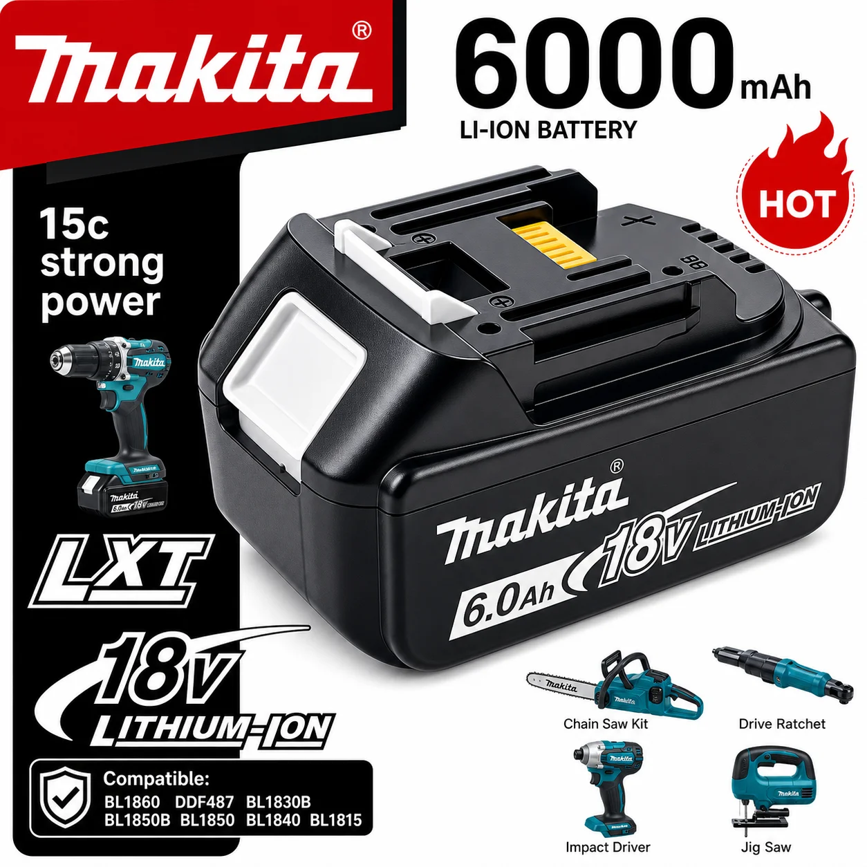 6000mAh High Capacity Li‑ion Battery, 18V Rechargeable for Makita Cordless Handheld Power Tools
6000mAh High Capacity Li‑ion Battery, 18V Rechargeable for Makita Cordless Handheld Power Tools
