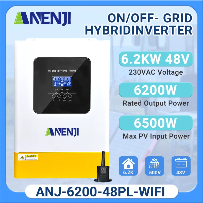 ANENJI 6.2KW Hybrid Solar Inverter Parallel On/Off Grid 48V MPPT 120A Solar Controller Pure Sine Wave Inverter With CT Sensor
ANENJI 6.2KW Hybrid Solar Inverter Parallel On/Off Grid 48V MPPT 120A Solar Controller Pure Sine Wave Inverter With CT Sensor