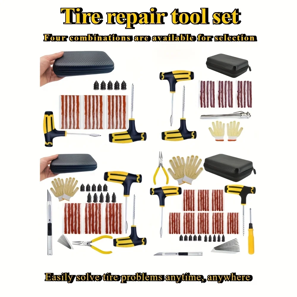 Car & motorcycle tubeless tire repair tool set. Essential emergency items for car owners. Solve tire problems efficiently.
Car & motorcycle tubeless tire repair tool set. Essential emergency items for car owners. Solve tire problems efficiently.