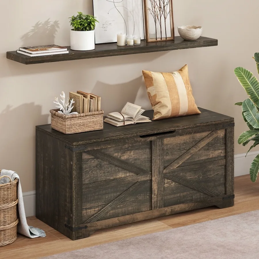 39.4" Farmhouse Storage Bench Wooden Chest with Safety Hinges Shoe Organizer for Entryway - Rustic Brown
39.4" Farmhouse Storage Bench Wooden Chest with Safety Hinges Shoe Organizer for Entryway - Rustic Brown