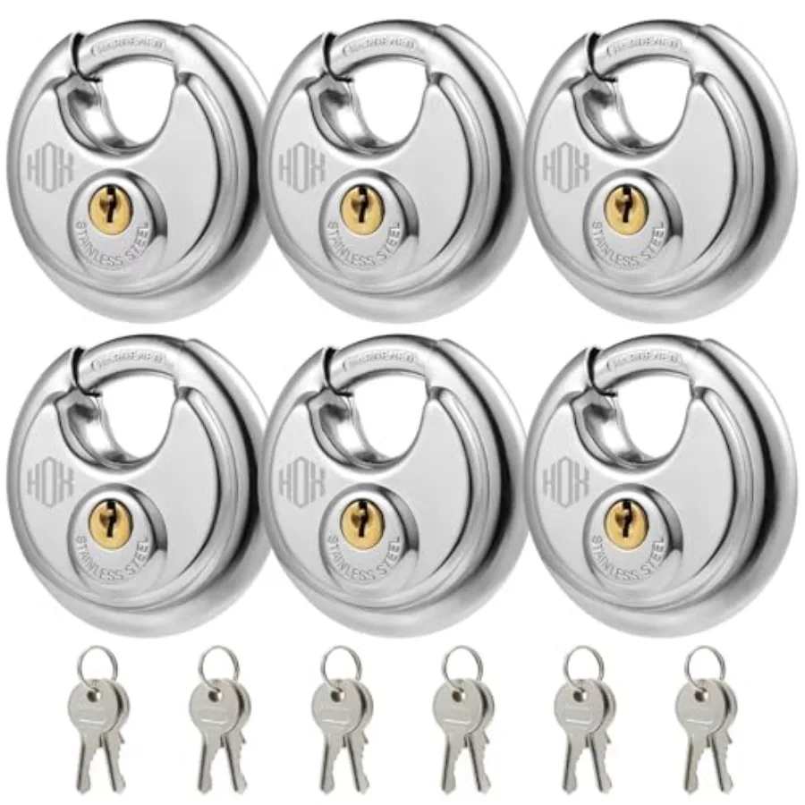 Keyed Disc Padlock, Stainless Steel Keyed-Alike Padlocks, 6-Pack Heavy Duty Locks, Waterproof Outdoors Lock with 3/8 Inch Shack
Keyed Disc Padlock, Stainless Steel Keyed-Alike Padlocks, 6-Pack Heavy Duty Locks, Waterproof Outdoors Lock with 3/8 Inch Shack