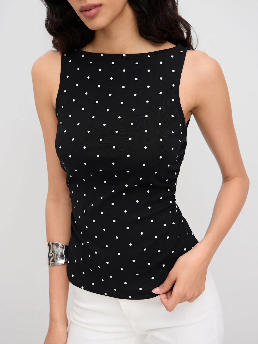 Women Slim Fit Tank Top Boat Neck Sleeveless Side Ruched Polka Dot Waist Shaping For Office French Chic Daily Layering Outfit
Women Slim Fit Tank Top Boat Neck Sleeveless Side Ruched Polka Dot Waist Shaping For Office French Chic Daily Layering Outfit