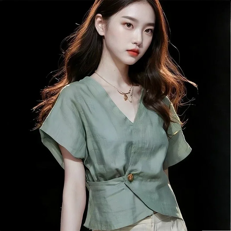 Шифоновые женские блузки, корейские рубашки, МОДНЫЕ свободные весенне-летние винтажные одежды, однотонные женские топы с короткими рукавами
Шифоновые женские блузки, корейские рубашки, МОДНЫЕ свободные весенне-летние винтажные одежды, однотонные женские топы с короткими рукавами