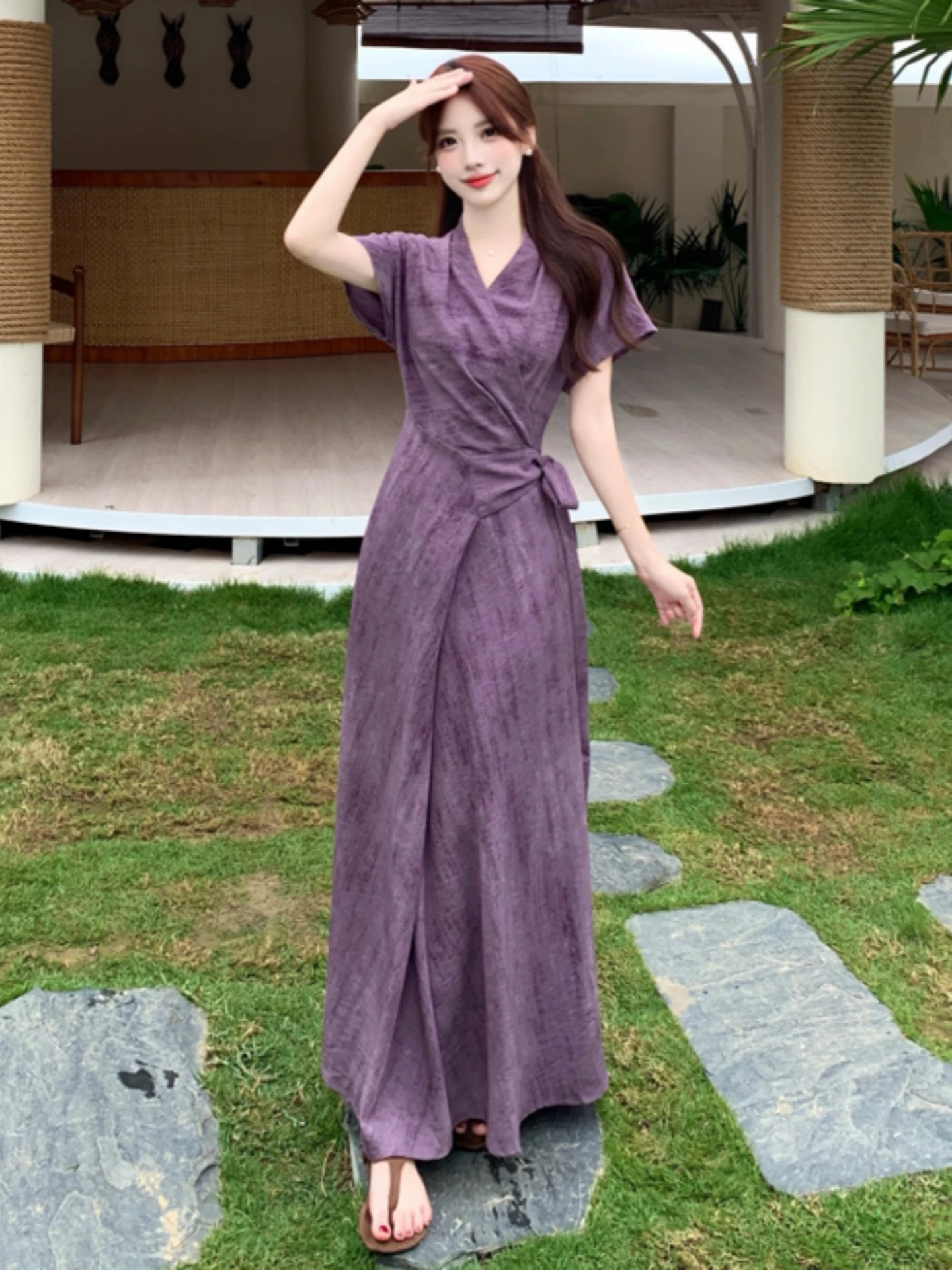 V-Neck Midi Dress Women's plus Size Slimming Belted Waist Purple Summer New Style Korean Style Commute A-Line Skirt Dress
V-Neck Midi Dress Women's plus Size Slimming Belted Waist Purple Summer New Style Korean Style Commute A-Line Skirt Dress
