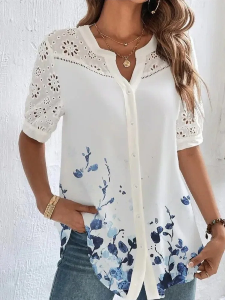 2025 Women Shirt Floral Print Button Short Sleeve Lapel Lace Shirts Female Elegant Fashion Temperament Casual Ladies Tops Summer
2025 Women Shirt Floral Print Button Short Sleeve Lapel Lace Shirts Female Elegant Fashion Temperament Casual Ladies Tops Summer