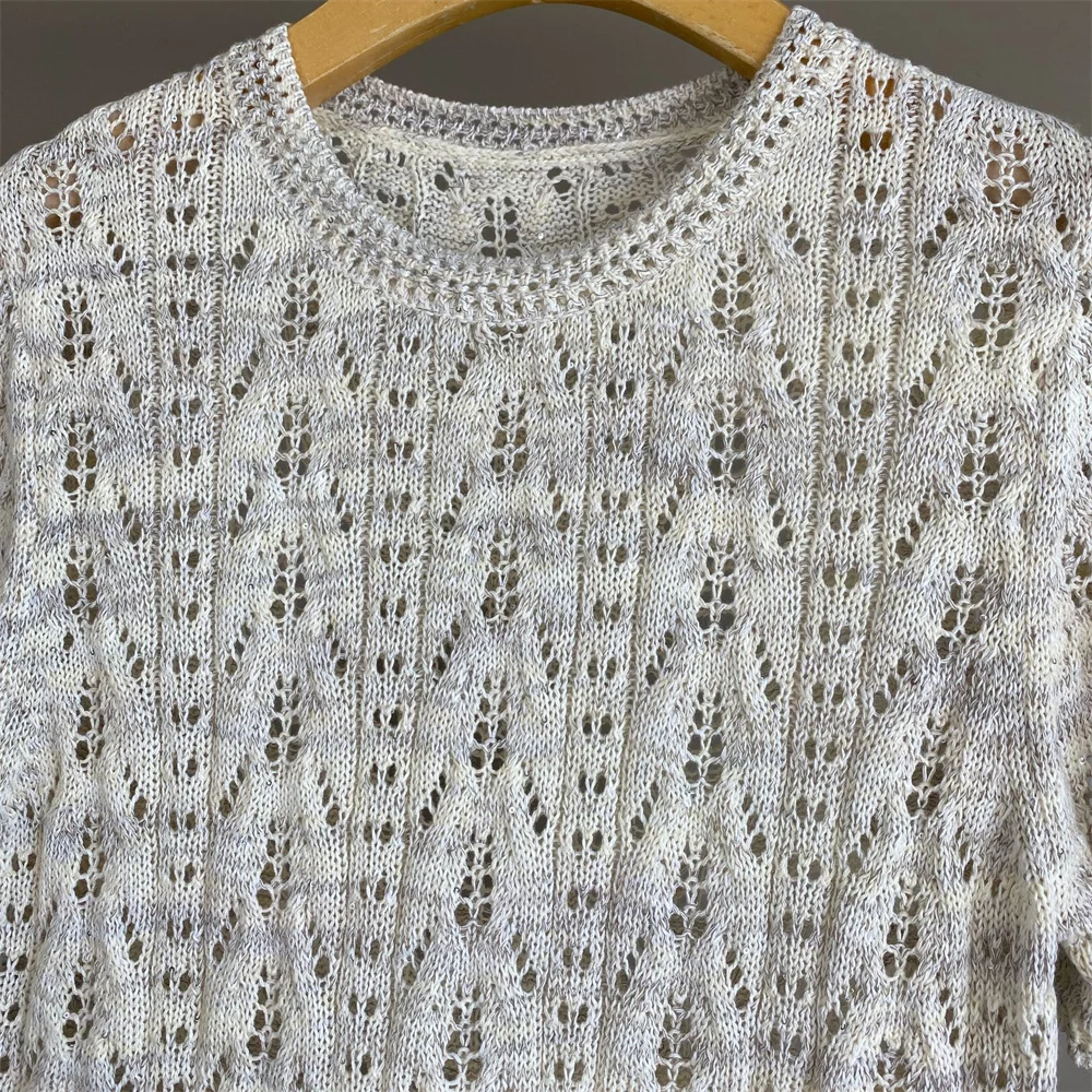 2026 Spring/Summer New Round Neck Cotton Linen Hollow-Out Sequin Knit Pullover Short-Sleeve Top for Women
2026 Spring/Summer New Round Neck Cotton Linen Hollow-Out Sequin Knit Pullover Short-Sleeve Top for Women