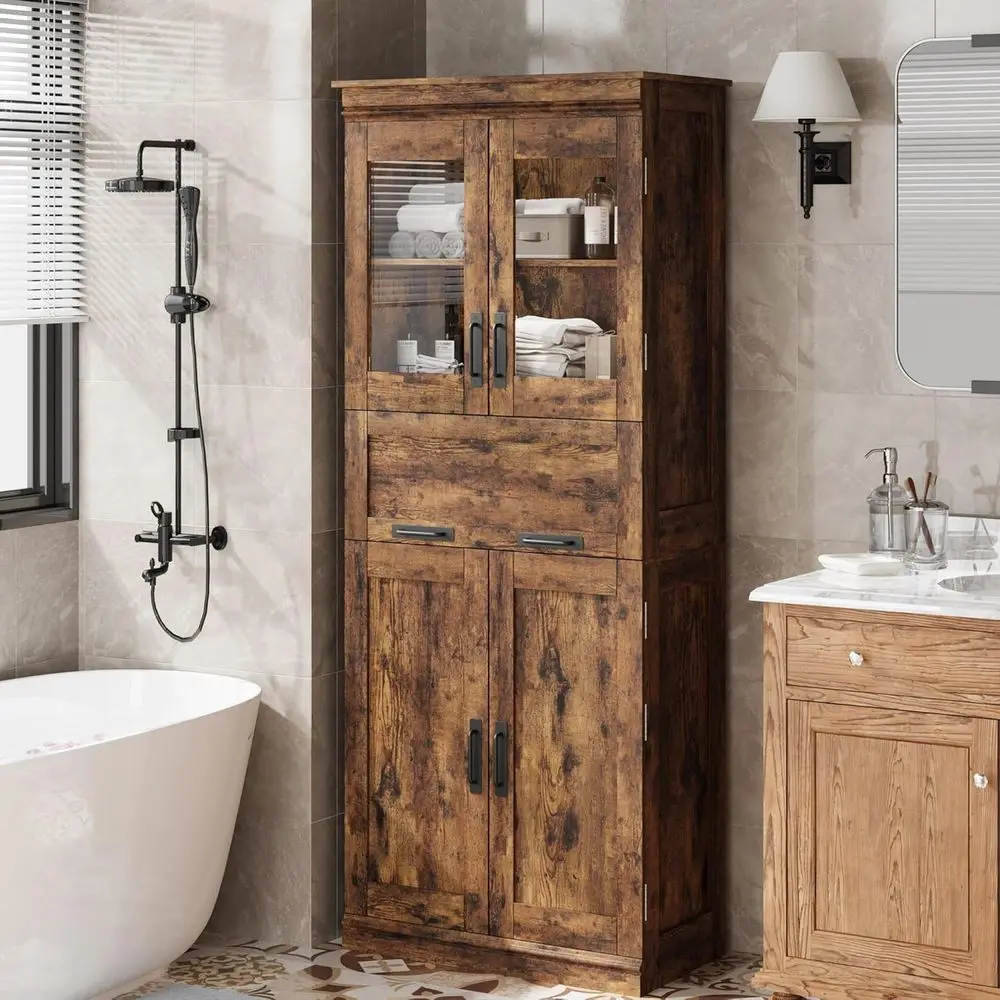 67 Tall Rustic Brown Bathroom Cabinet with 4 Doors and Adjustable Shelves for Kitchen, Pantry, Living Room Storage
67 Tall Rustic Brown Bathroom Cabinet with 4 Doors and Adjustable Shelves for Kitchen, Pantry, Living Room Storage