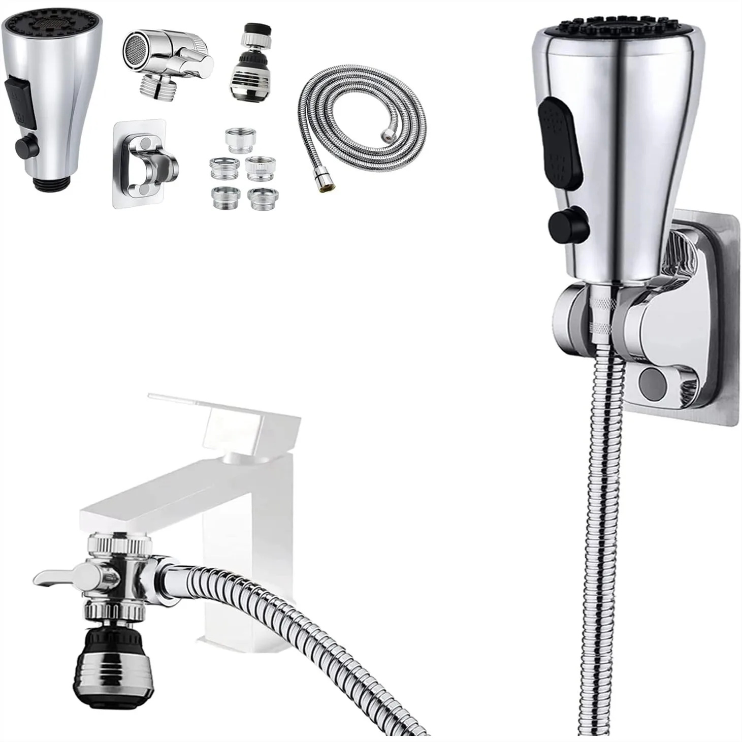 Kitchen Faucet Sink Sprayer Attachment Set, 3 Modes Sprayer Head with 59" Stainless Steel Hose, Brass Diverter Valve and 5
Kitchen Faucet Sink Sprayer Attachment Set, 3 Modes Sprayer Head with 59" Stainless Steel Hose, Brass Diverter Valve and 5