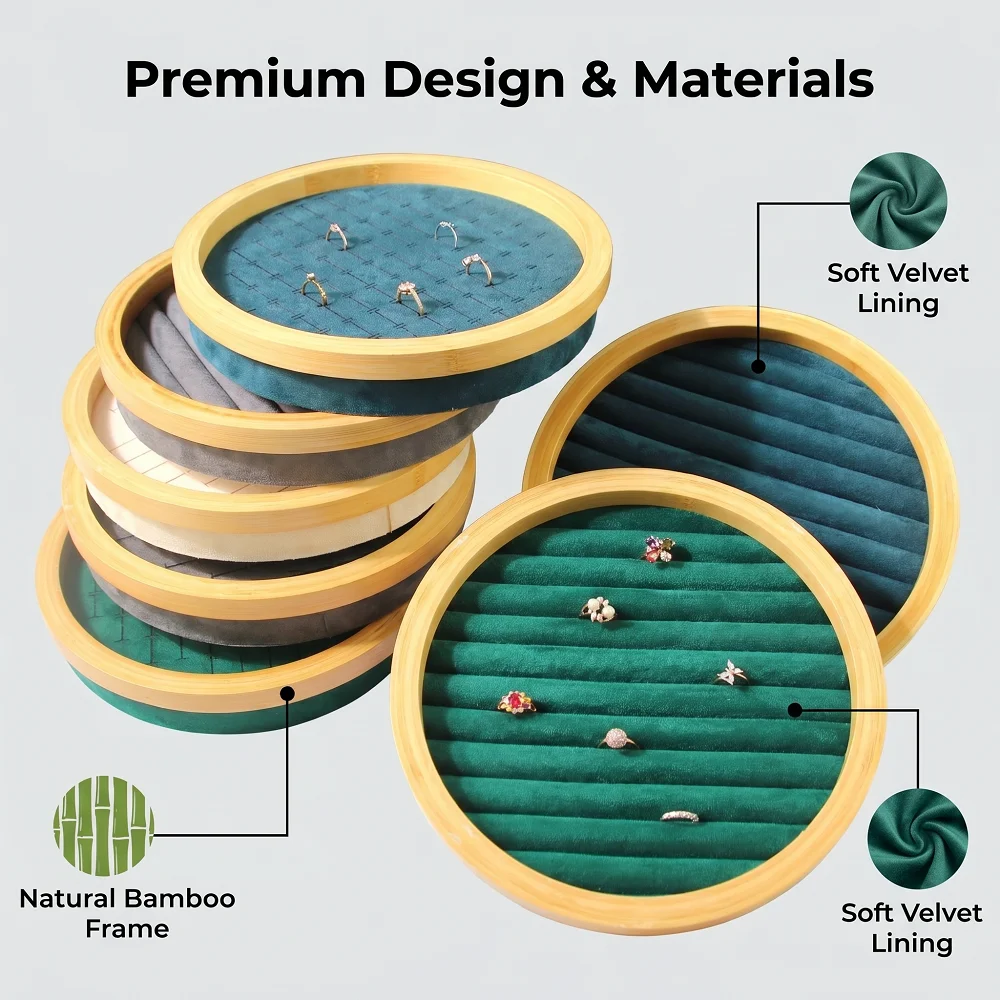 Natural Bamboo Ring Jewelry Tray Soft Velvet Lined Round Display Holder for Rings Earrings and Small Accessories Home Retail Use
Natural Bamboo Ring Jewelry Tray Soft Velvet Lined Round Display Holder for Rings Earrings and Small Accessories Home Retail Use
