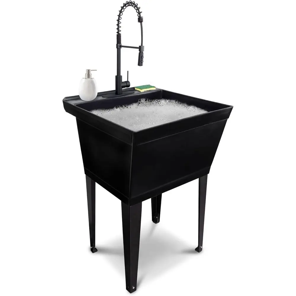 Extra-Deep Black Laundry Tub with High-Arc Sprayer, Matte Black Faucet, Integrated Lines, P-Trap Kit, Floor-Mounted Wash Station
Extra-Deep Black Laundry Tub with High-Arc Sprayer, Matte Black Faucet, Integrated Lines, P-Trap Kit, Floor-Mounted Wash Station