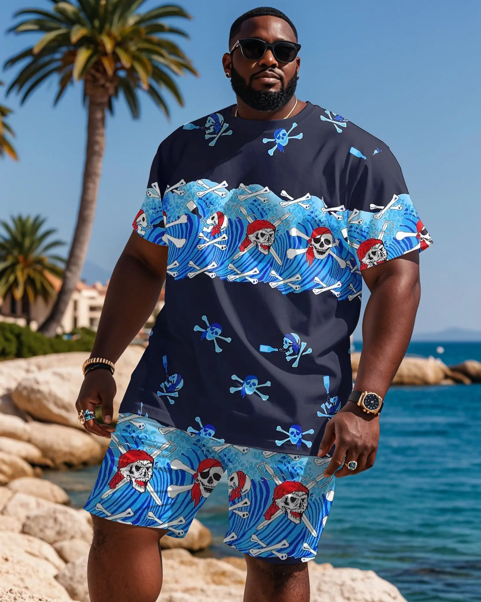 S-9XL Big & Tall Pirate Skull Coral Fish Print Short Sleeve Tee & Beach Shorts 2Pcs Summer Outfit
S-9XL Big & Tall Pirate Skull Coral Fish Print Short Sleeve Tee & Beach Shorts 2Pcs Summer Outfit
