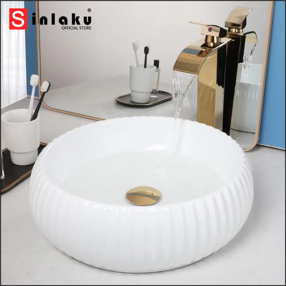 SINLAKU Bathroom Ceramic Basin White Circular With Golden Faucet Vertical Stripes Round Basin Faucet Set Hot and Cold Mixer Tap
SINLAKU Bathroom Ceramic Basin White Circular With Golden Faucet Vertical Stripes Round Basin Faucet Set Hot and Cold Mixer Tap