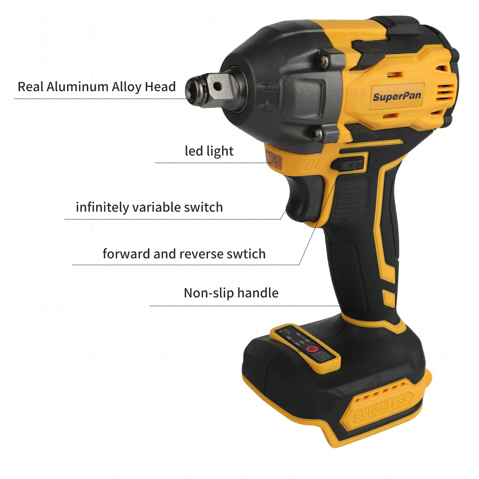 20V Cordless Brushless Impact Wrench Bare Tool, SuperPan 380Nm High Torque 1/2" Electric Wrench for DIY
20V Cordless Brushless Impact Wrench Bare Tool, SuperPan 380Nm High Torque 1/2" Electric Wrench for DIY
