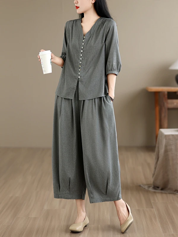 Casual Linen Fashion Set Five-Quarter Sleeve Button V-Neck Shirt Loose Wide Leg Pants Summer Two-Piece Set Women
Casual Linen Fashion Set Five-Quarter Sleeve Button V-Neck Shirt Loose Wide Leg Pants Summer Two-Piece Set Women
