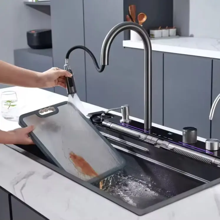 304 SS Handmade Sink Kitchen Single Multifunctional LED Digital Display Waterfall Kitchen Sink With Accessories
304 SS Handmade Sink Kitchen Single Multifunctional LED Digital Display Waterfall Kitchen Sink With Accessories