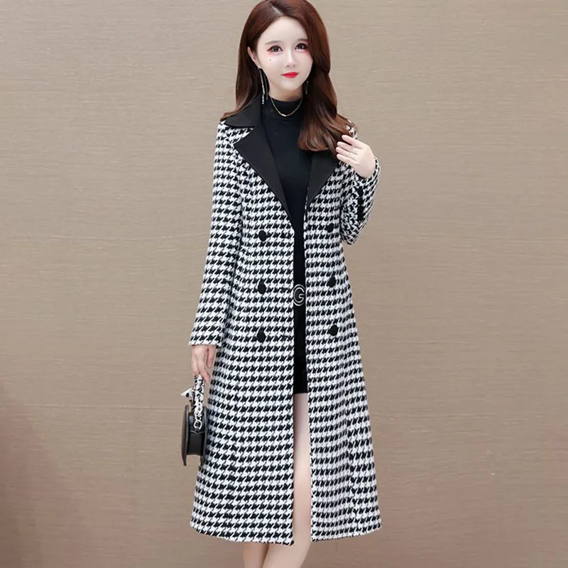 Autumn Winter New Chic Plaid Woolen Windbreakers Women's Overcoat houndstooth Fashion Slim Stitching Waist Thick Coat Outwear
Autumn Winter New Chic Plaid Woolen Windbreakers Women's Overcoat houndstooth Fashion Slim Stitching Waist Thick Coat Outwear