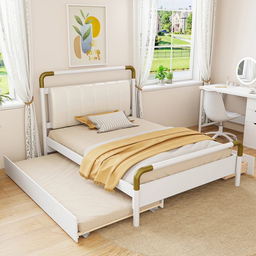 Queen Size Platform Bed Frame Multi-Functional with 2 Big Drawers And T-XLTrundle Space-Saving Storage White PULeather Headboard
Queen Size Platform Bed Frame Multi-Functional with 2 Big Drawers And T-XLTrundle Space-Saving Storage White PULeather Headboard