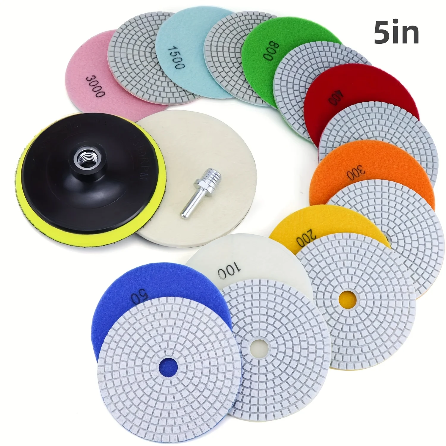 5 Inch Diamond Polishing Pad with 5/8'' Hook and Loop Backing, Wet and Dry Concrete Polishing Tool Kit for Drill, Grinder
5 Inch Diamond Polishing Pad with 5/8'' Hook and Loop Backing, Wet and Dry Concrete Polishing Tool Kit for Drill, Grinder