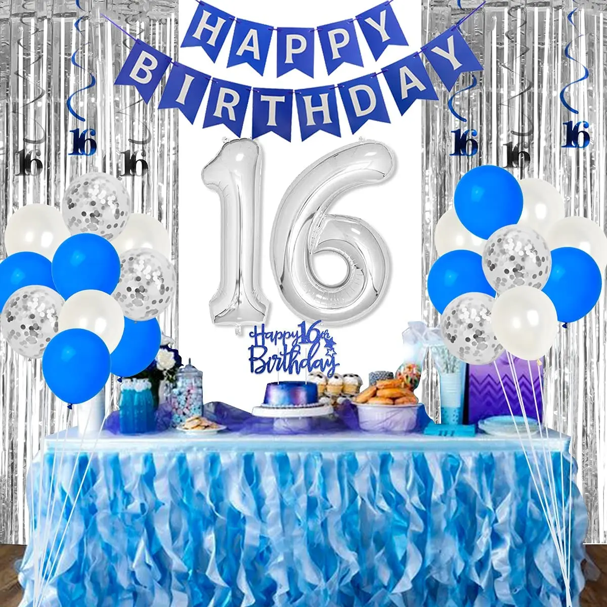 Blue and Silver 16th Birthday Decorations for Boys Sixteen Birthday Party Supplies Blue 16th Birthday Banner Hanging Swirls Set
Blue and Silver 16th Birthday Decorations for Boys Sixteen Birthday Party Supplies Blue 16th Birthday Banner Hanging Swirls Set