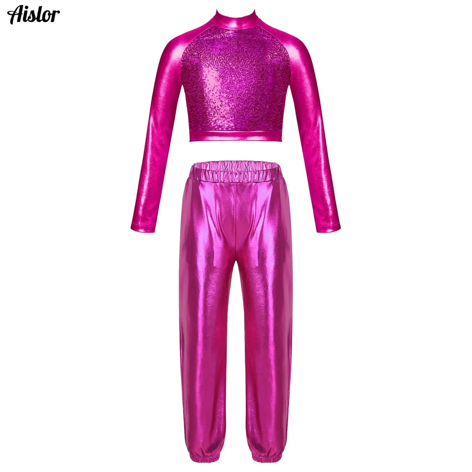 Kids Girls Glossy Metallic Hip Hop Street Dance Costume Outfit Pullover Shirts+High Waist Long Pants Trousers Stage Performance
Kids Girls Glossy Metallic Hip Hop Street Dance Costume Outfit Pullover Shirts+High Waist Long Pants Trousers Stage Performance